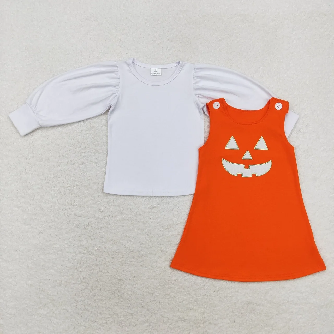 

Wholesale Toddler Long Sleeves White Cotton Shirt Embroidery Pumpkin Orange Dress Children Kids Halloween Outfit Baby Girl Set