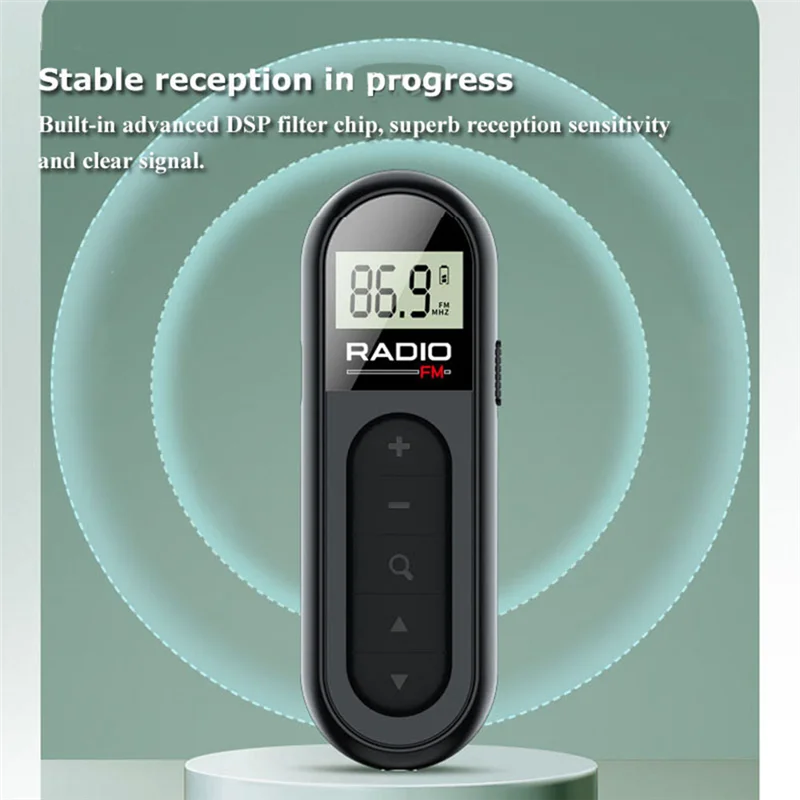 Mini bolso rádio fm recarregável portátil 76-108mhz receptor de rádio com luz de fundo display lcd com fio 3.5mm fones de ouvido