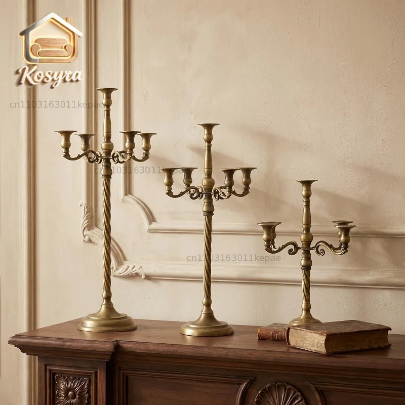 retro copper multi-head candle holder, high-end five-arm wrought iron candle holder, home entrance decorative candl
