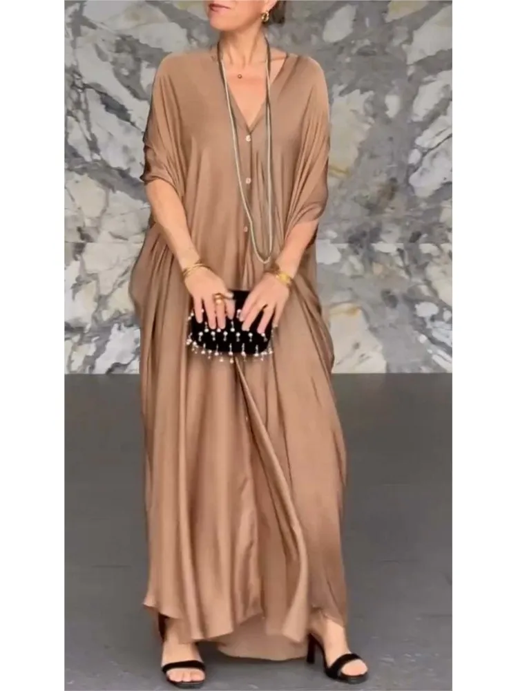 레이디 캐주얼 루즈 드레스 여성을위한 패션 솔리드 V 넥 버튼 긴 드레스 휴일 파티 드레스 여성 의류 여름 새로운 2025