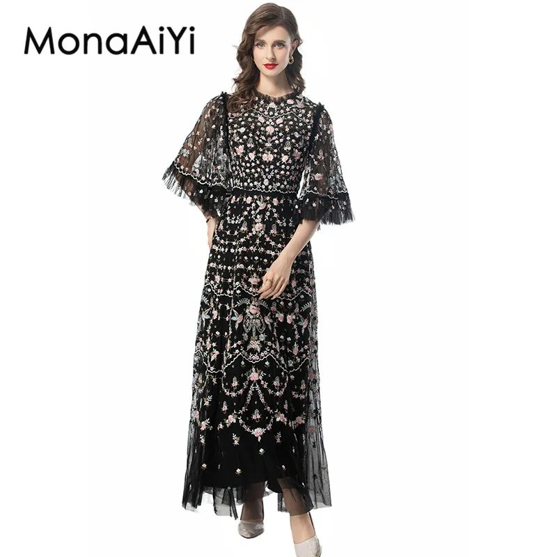 

MonaAiYi Fashion Design Summer Women's Dress Mesh Embroidery Flare Sleeved High Waiste Vintage Elegant Long Dresses