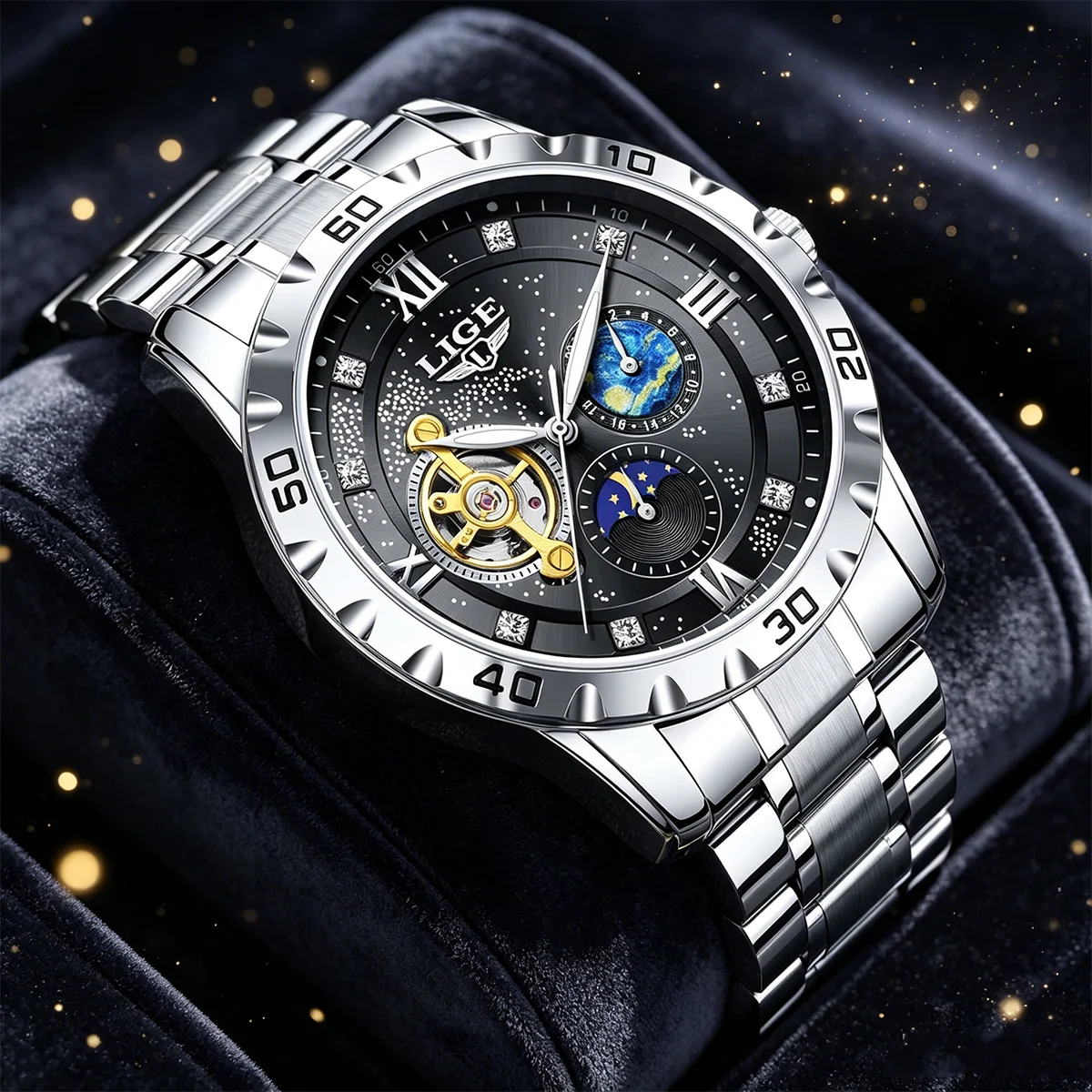 

LIGE New Black Men's Luxury Mechanical Wristwatches Outdoor Sports Waterproof Automatic Watch For Men Fashion Business Watch Men