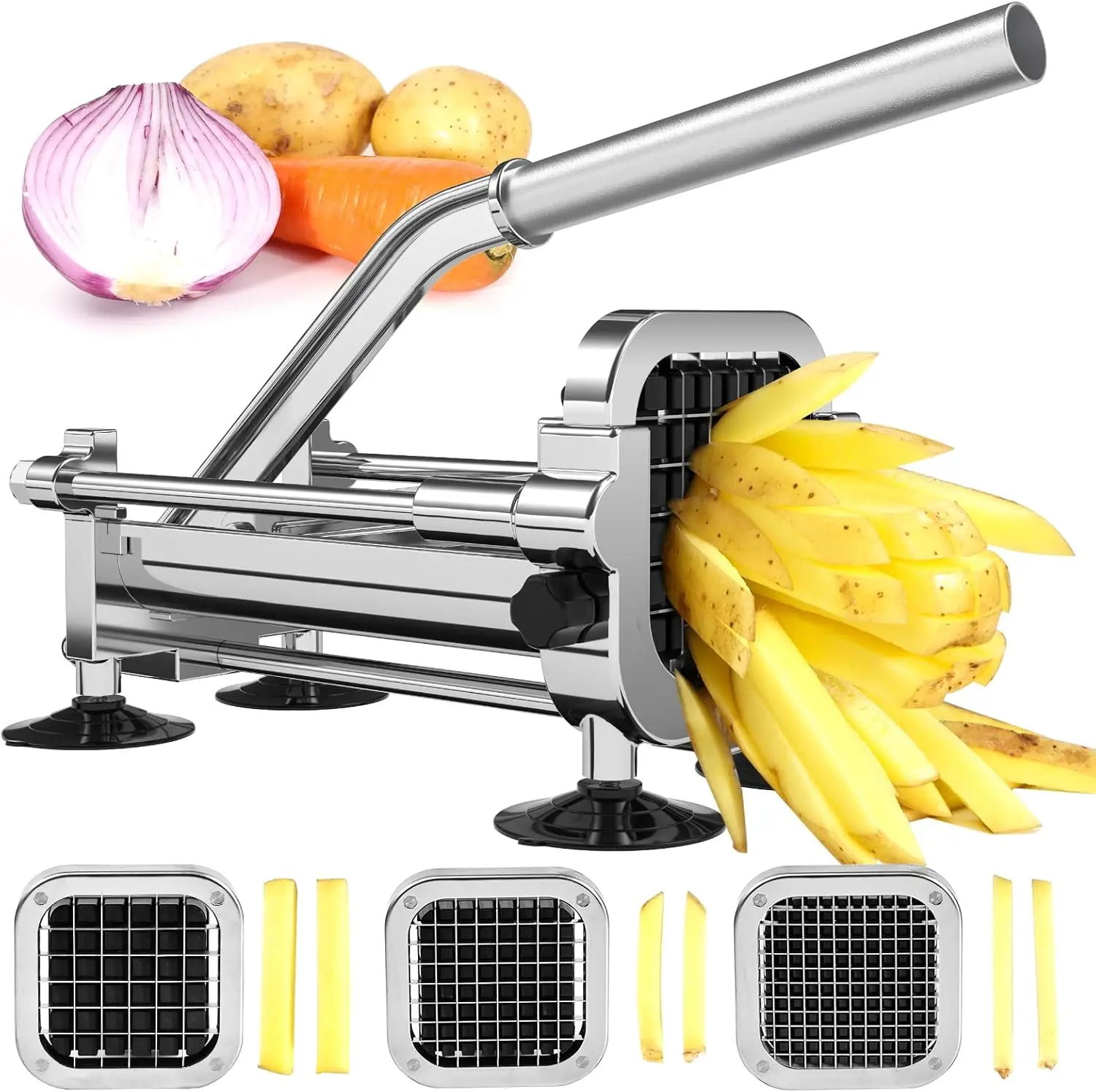 

Stainless Steel French Fry Cutter with 3 Blade Sizes, Manual Potato Slicer for Home Kitchen