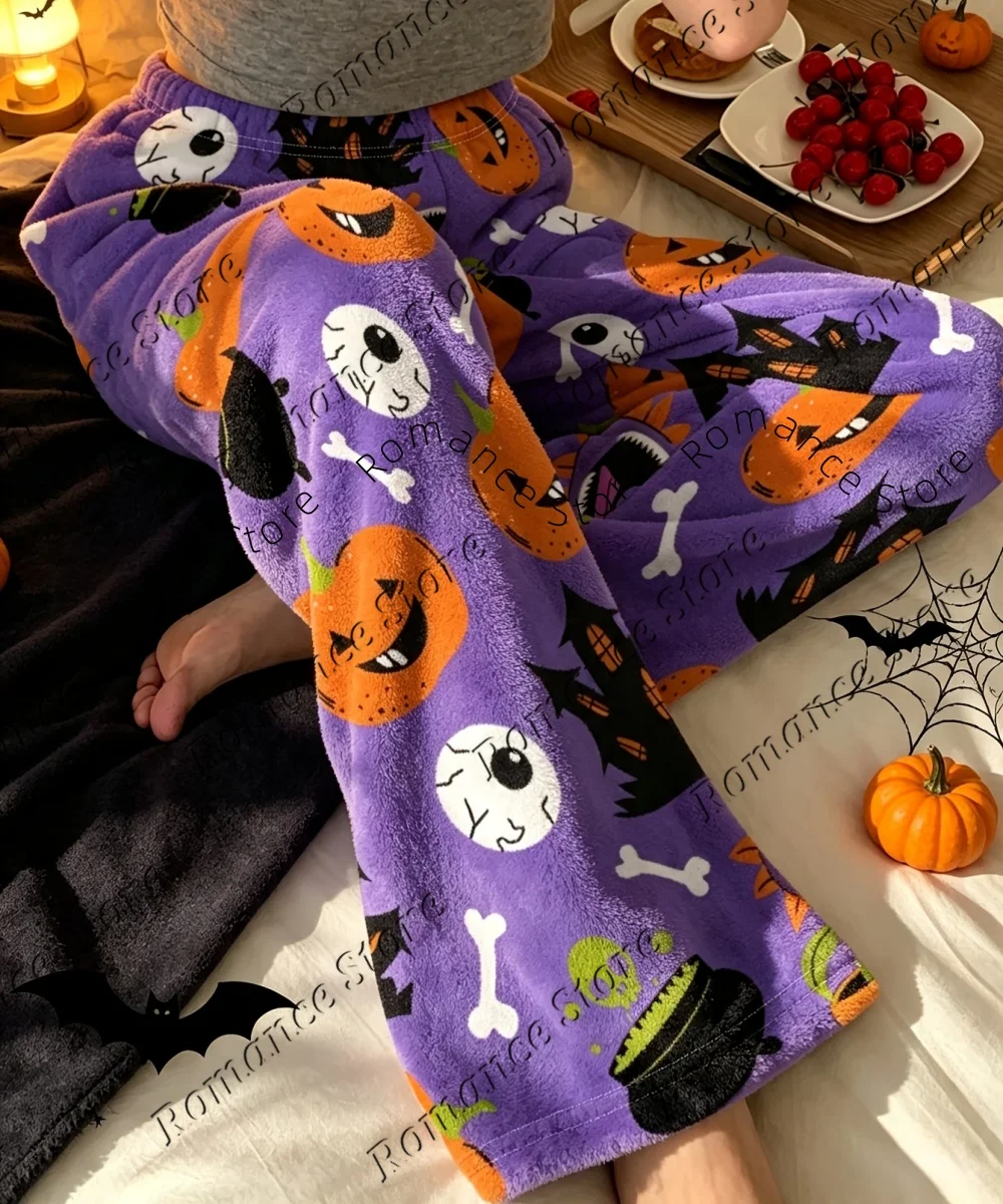 Gothic Spooky Halloween Women Plush Flannel Pants Pumpkin Eyeball Skull Haunted House Graphic Warm Autumn Winter Loungewear Pant