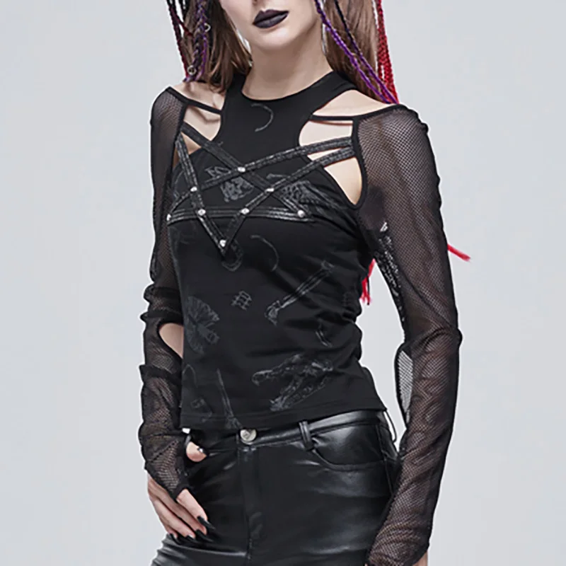 Punk Rock Spring Summer Hollow Strap Long Sleeve T-shirt Women's clothing Top Slim fit Splicing sexy mesh nightclub women's top