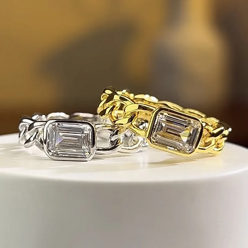 New 100% S925 silver 5 * 7 rectangular zircon Cuban gold ring chain, high-end hollowed out personalized wedding jewelry