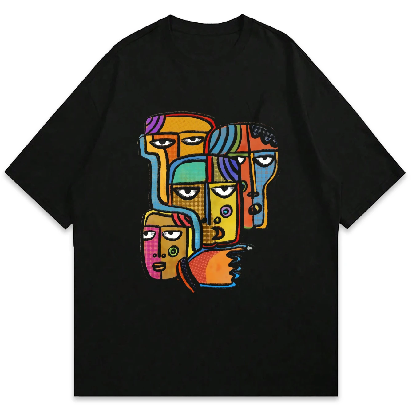 CLOOCL Bunte abstrakte Gesichter-Design-Kunst, bedruckte Premium-Baumwoll-T-Shirts für Damen, Sommer-Kurzarm-T-Shirts, lässige Oberteile