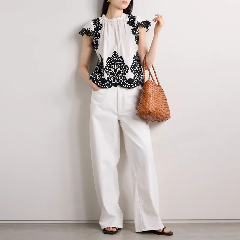 

2024 Summer New Women's round Neck Short Sleeve Embroidered Black White Fly Sleeve Top Loose Fit Cotton Shirt Ladies' Fashion