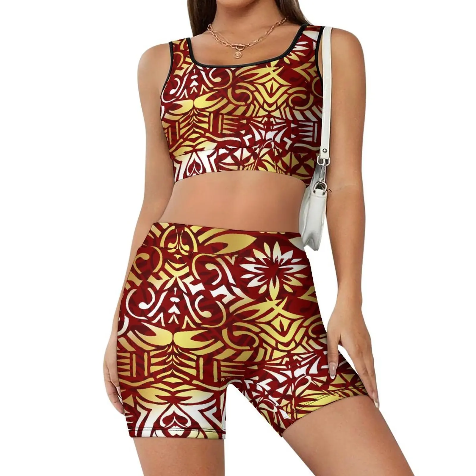 Fiji Tribal Island Pattern Yoga Suit Set Slimming Yoga Vest Yoga Pants Set Customizable Pattern Pilates Training Suit