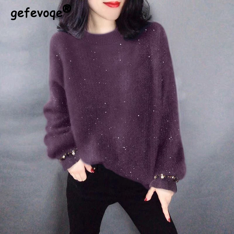 Autumn Winter Sequins Imitation Mink Velvet Sweater Female Loose Casual Oversized Pullover Top Women Simple All-match Jumper