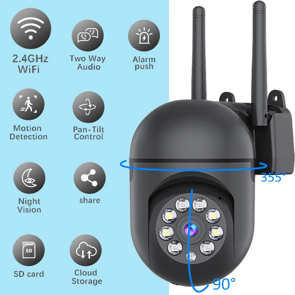

2K WiFi PTZ-камера для дома и улицы, 3 МП HD, 2.4G WiFi, камера безопасности с автоматическим отслеживанием, IP-камера для аудио- и видеонаблюдения