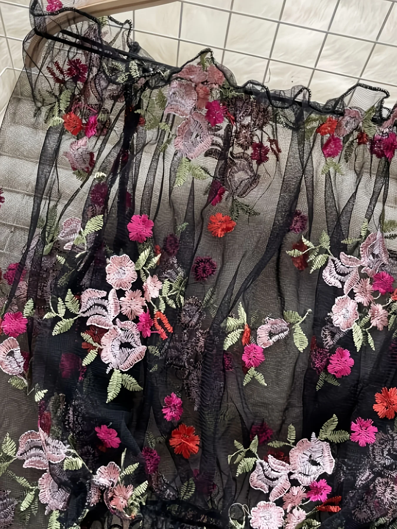 Pure Desire Off-Shoulder Mesh Embroidery See-Through Loose Short Long-Sleeve Top Blouse Lace Shirt