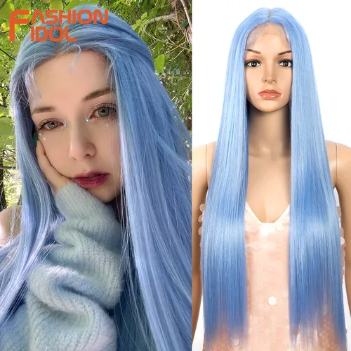 FASHION IDOL pelucas rectas de 30 pulgadas, pelucas frontales de encaje de pelo sintético, pelucas de Cosplay azules coloridas de arcoíris ombré, fibra resistente al calor
