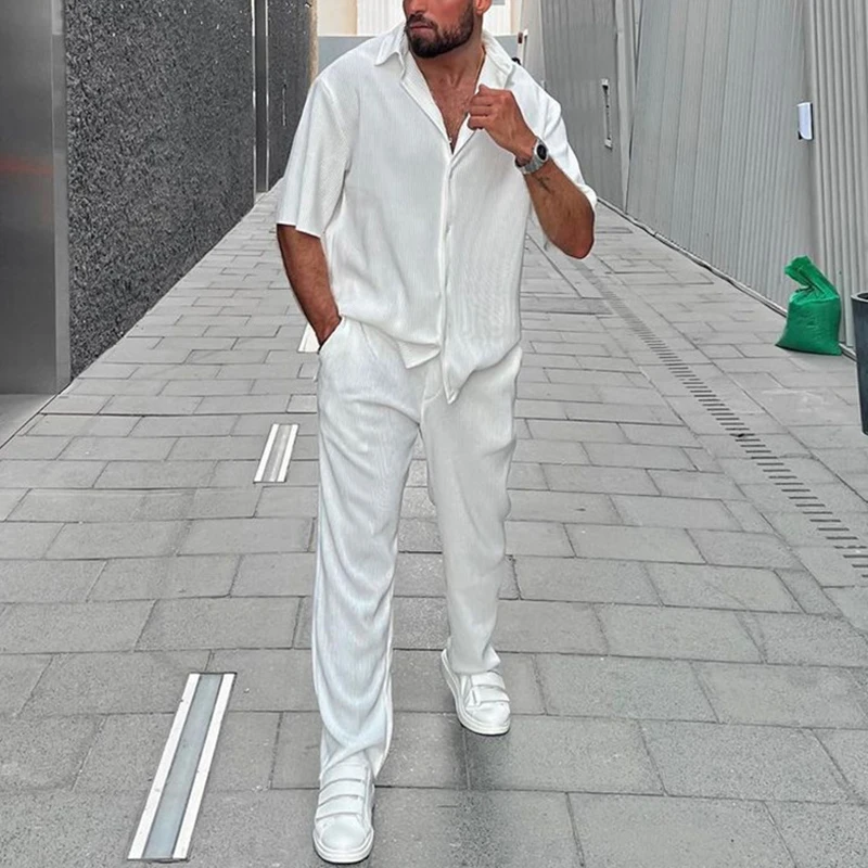 

2023 Summer Men Simple Solid Two-piece Set Lapel Button Shirt + Long Pants Casual Suit Office Men's Short Sleeve Loose Outfits