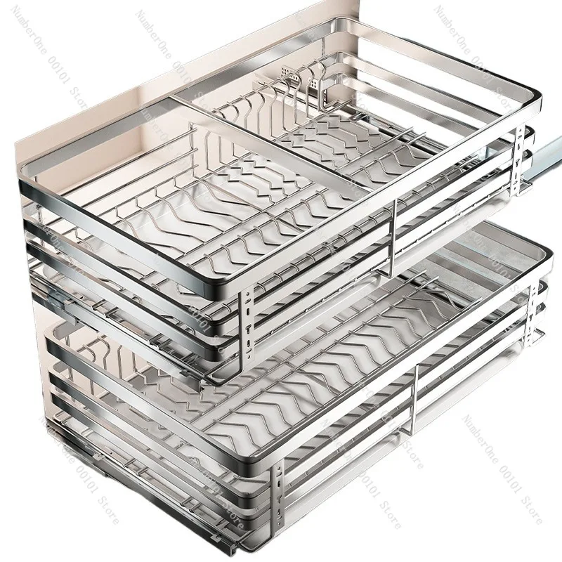 Kitchen Cabinet Double-Layer Pull-Out Bowl Basket, 304 Stainless Steel Drawer Plate and Condiment Storage Rack Organizer