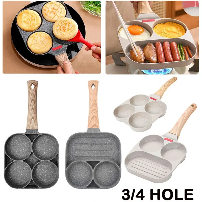 Non-stick 3 Hole/4 Hole Steak and Egg Omelette Thickened Omelet Pan with Wooden Handle Kitchenware