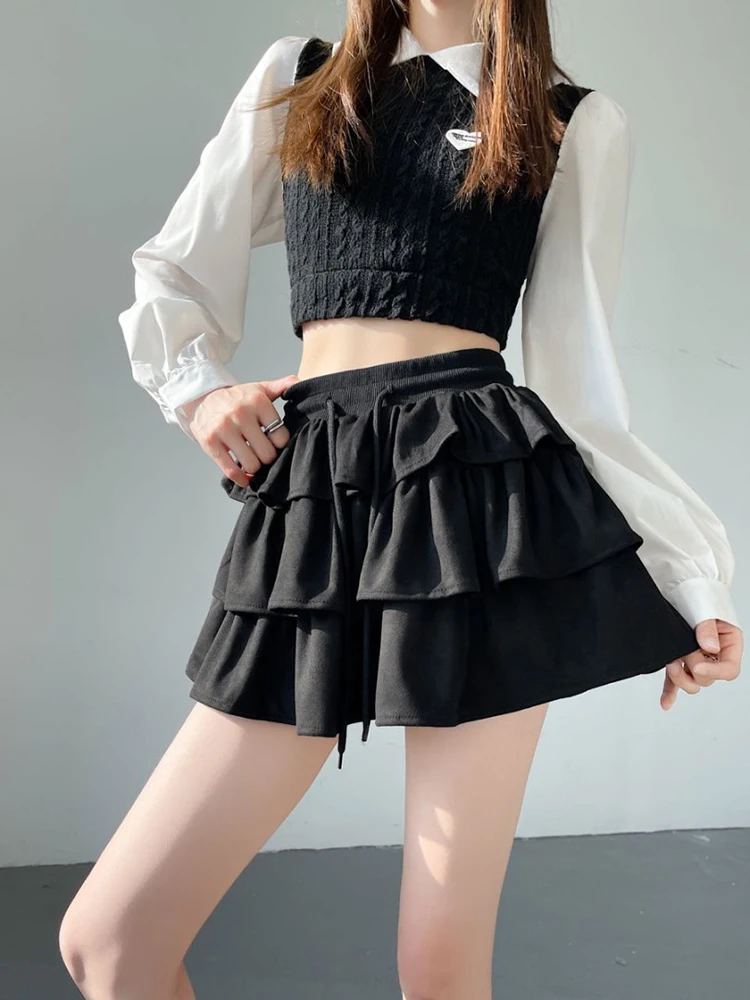 Falda de gamuza informal Retro americana para mujer, vestido de baile escolar elástico de cintura alta, faldas cortas con volantes para mujer