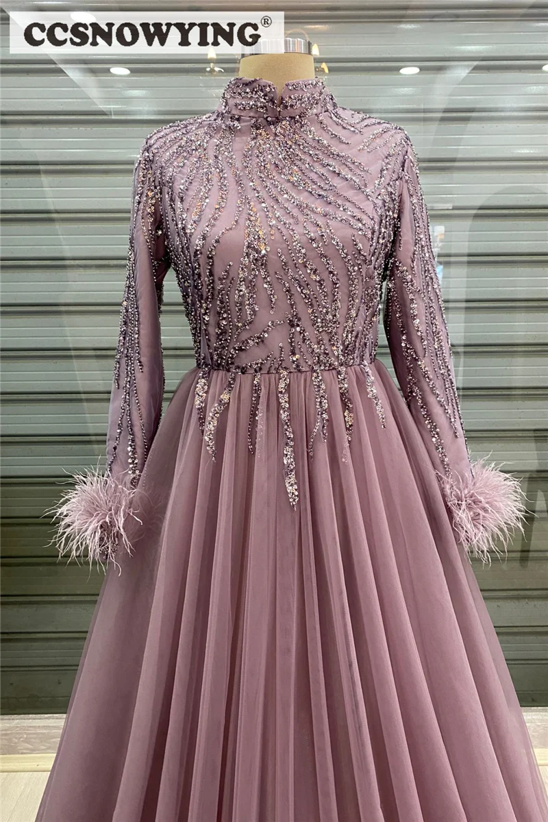 Dusty Rose Long Sleeve Muslim Evening Dress Islamic Hijab Formal Party Gown Beaded Feathers Saudi Arabia Robes De Soirée