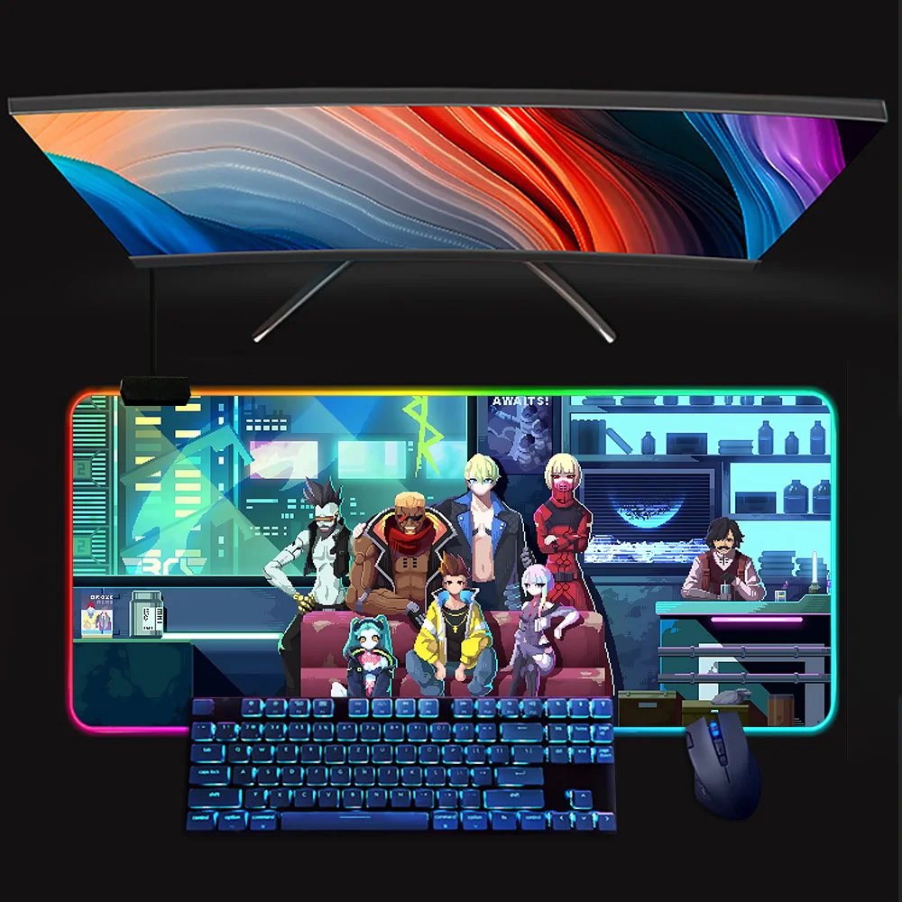 C-Cyberpunk Anime E-Edgerunners RGB Pc Gamer Tastiera Mouse Pad Mousepad LED Incandescente Tappetini per mouse Gomma Gaming Computer Mausepad