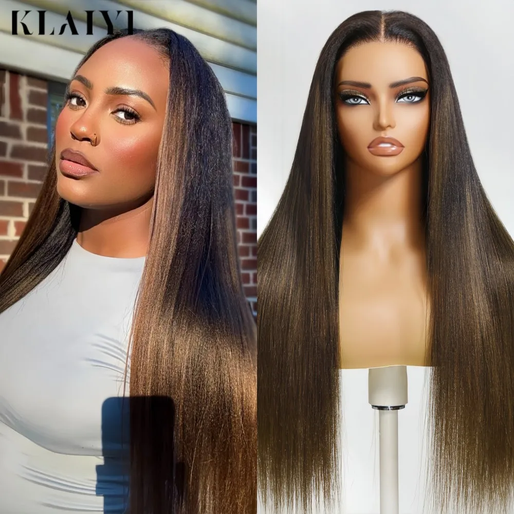 

Klaiyi Ombre Chestnut Brown Yaki Straight Put On and Go Glueless Wig 7x5 Bye Bye Knots And 13x4 Lace Frontal Human Hair Wigs