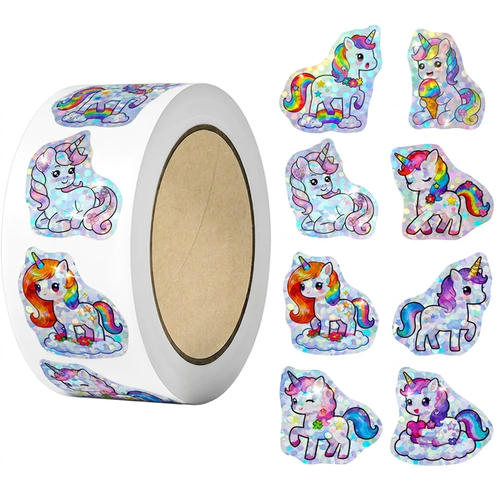 50-500 Stück Laser-Einhorn-Tieraufkleber 1 Zoll Geschenkdekoration Etiketten Ermutigungs-Schreibwarenaufkleber – Detail 3