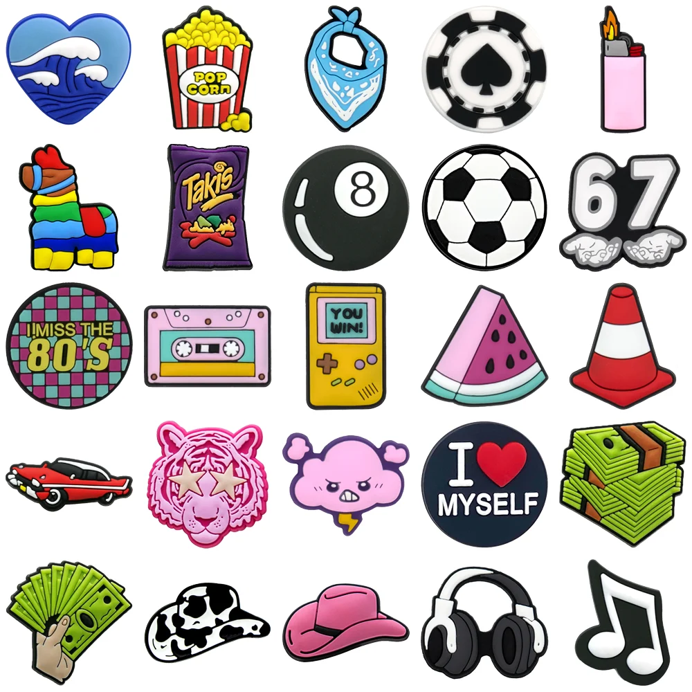 1-25 PCS Dollar Shoe Charms Trendy Accessories,Popcorn Watermelon Charms for Shoes, Soccer Arcade Sandals Clogs Buckles