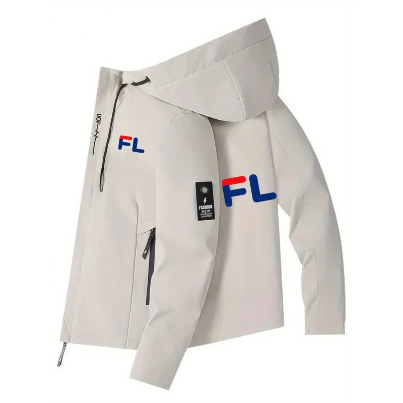

Men's Lightweight Windproof Hooded Jacket - Full-Zip Waterproof Coat with FL Pattern, Lightweight Windproof Shell