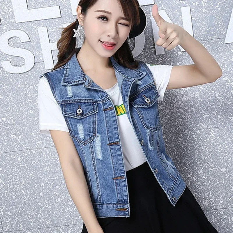 2024 New Vintage Hole Sleeveless Jean Waistcoat Short Jacket Female Outerwear 4XL 5XL 6XL Spring Autumn Denim Vest Women Clothes