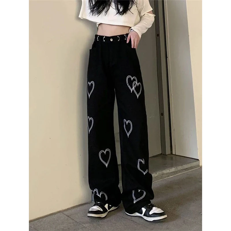 MEXZT-Jeans College Love pour femmes, pantalons en denim taille haute, pantalons à jambes larges, streetwear décontracté, fjt droit, coréen, Y2K, Harajuku