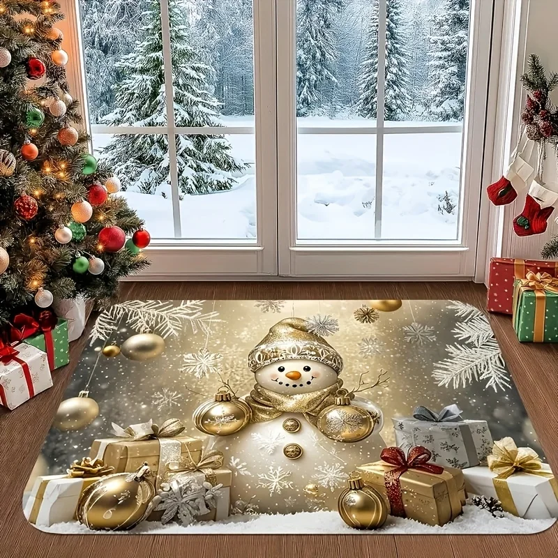 Christmas Snowman Gold Baubles Door Mat, Festive Xmas Gift Box Floor Rug, Winter Holiday Entrance Carpet, Non-slip Home Decor