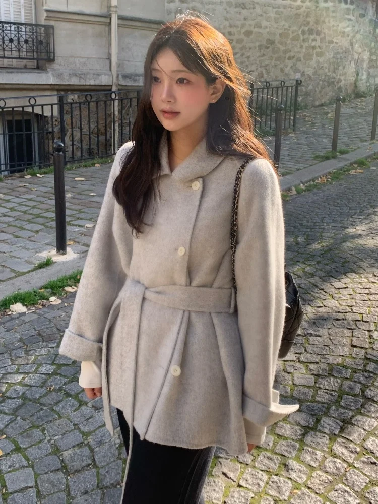 

Корейское пальто Sle ort, женское осенне-зимнее новое шерстяное пальто для похудения с поясом, высококачественное пальто для поездок на работу Long Sve