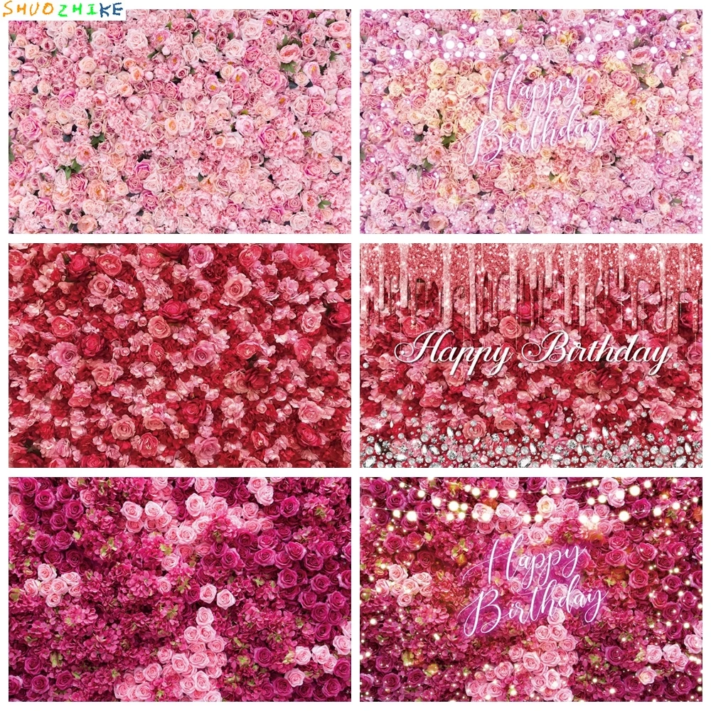 

Happy Birthday Flower Wall Photography Backdrop Customized Glitter Pink Red Floral Wedding Bridal Baby Shower Photo Background