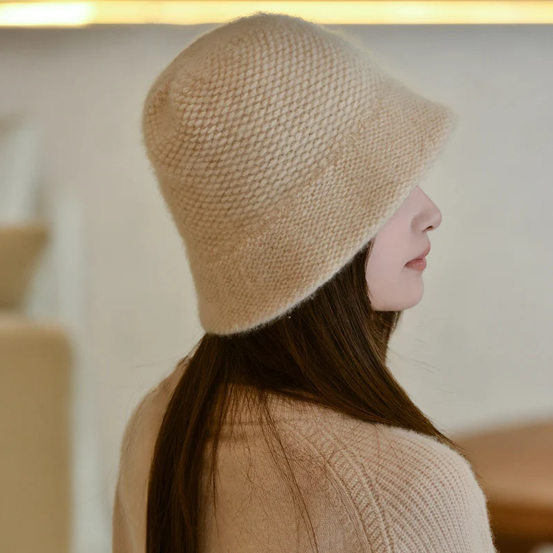 Autumn/Winter Women's 100% Pure Cashmere Knitted Fisherman's Hat Big Head Waist Warm Bucket Hat Large Size Large