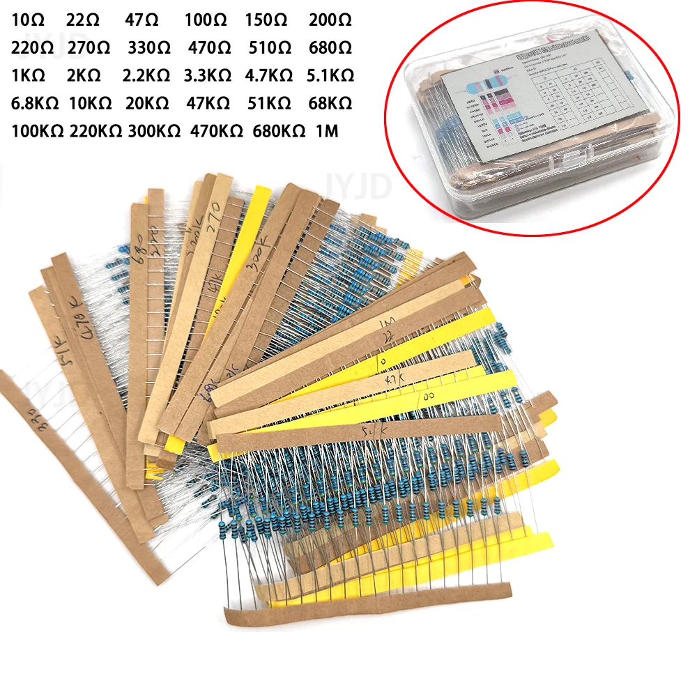 300/600pcs 30 Kinds 1/4W Resistance 1% Metal Film Resistor Pack Assorted Kit 1K 10K 100K 220ohm 1M Resistors