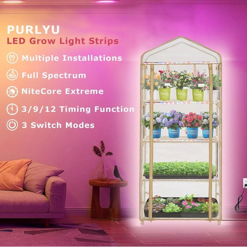 Mini Greenhouse with Grow Light, 4 Tier Portable Greenhouse with Zippered for Seed Starting Trays, Dimmable 2ft 60W Plant Light