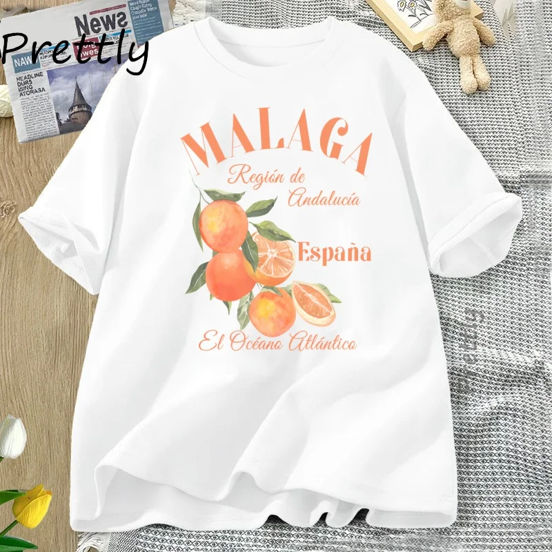 Camiseta de Malaga de España, camiseta de fruta naranja, camiseta informal de algodón de manga corta, camiseta de verano para hombres y mujeres, ropa femenina, Tops