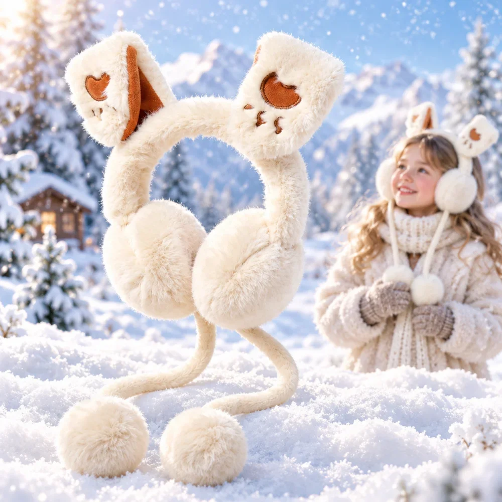 Cute Rabbit Ear Winter Earmuffs for Kids Girls, Soft Fuzzy Ear Warmers with Long Plush Balls, Moving Ears Holiday Gift