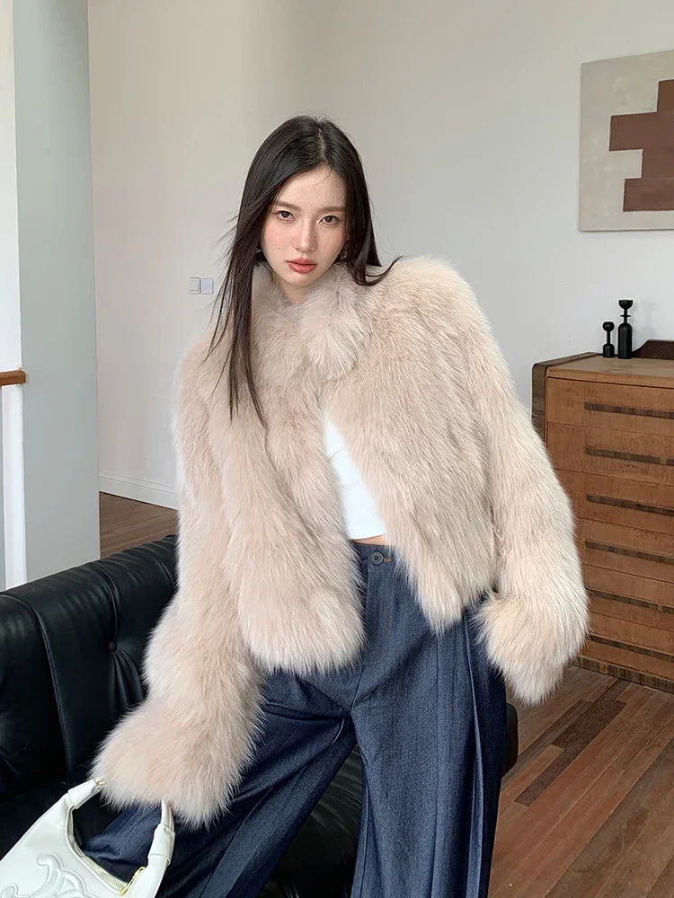 

Luxury Natural Fox Fur Jacket for Women 2024 New High-end Simple Solid Stand Collar Slim Cropped Real Fur Coat Winter