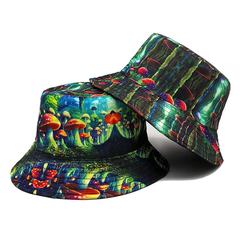 2024 Four Seasons Cotton Cartoon Mushroom Print Bucket Hat Fisherman Hat Outdoor Travel Sun Cap for Men and Women 279