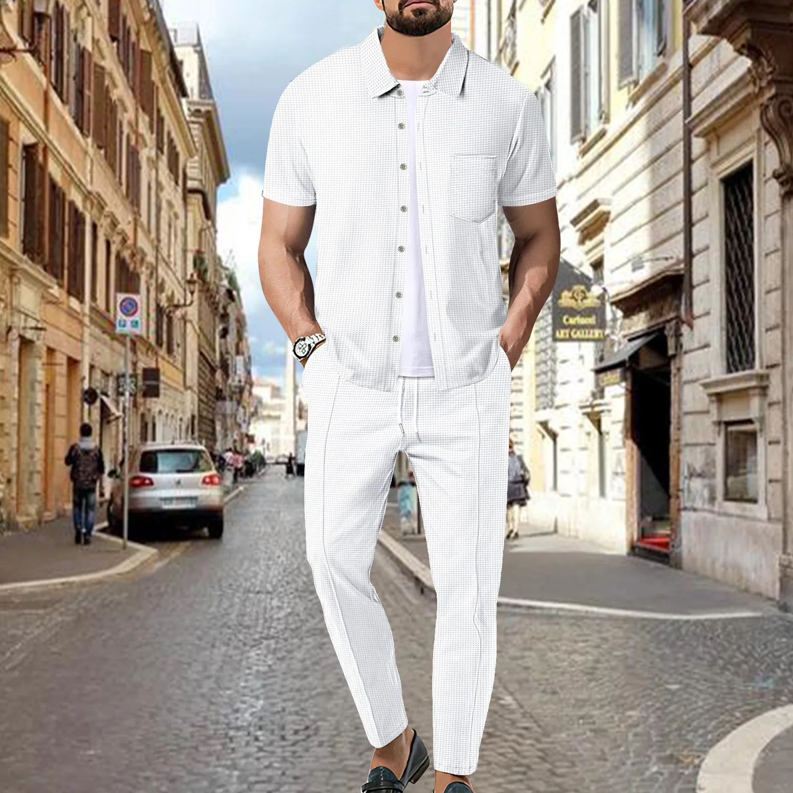 2024 new Europe and the United States cross-border men\'s fashion casual sports Waffle short-sleeved shirt pants suit