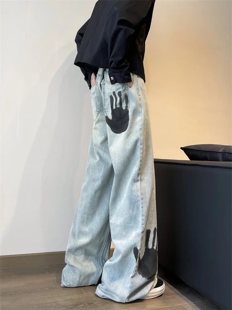 

Street Style Men's Denim Jeans High Waist Wide Leg Floor Length Casual Loose Fit Summer Trendy Hippie Design Versatile Pants