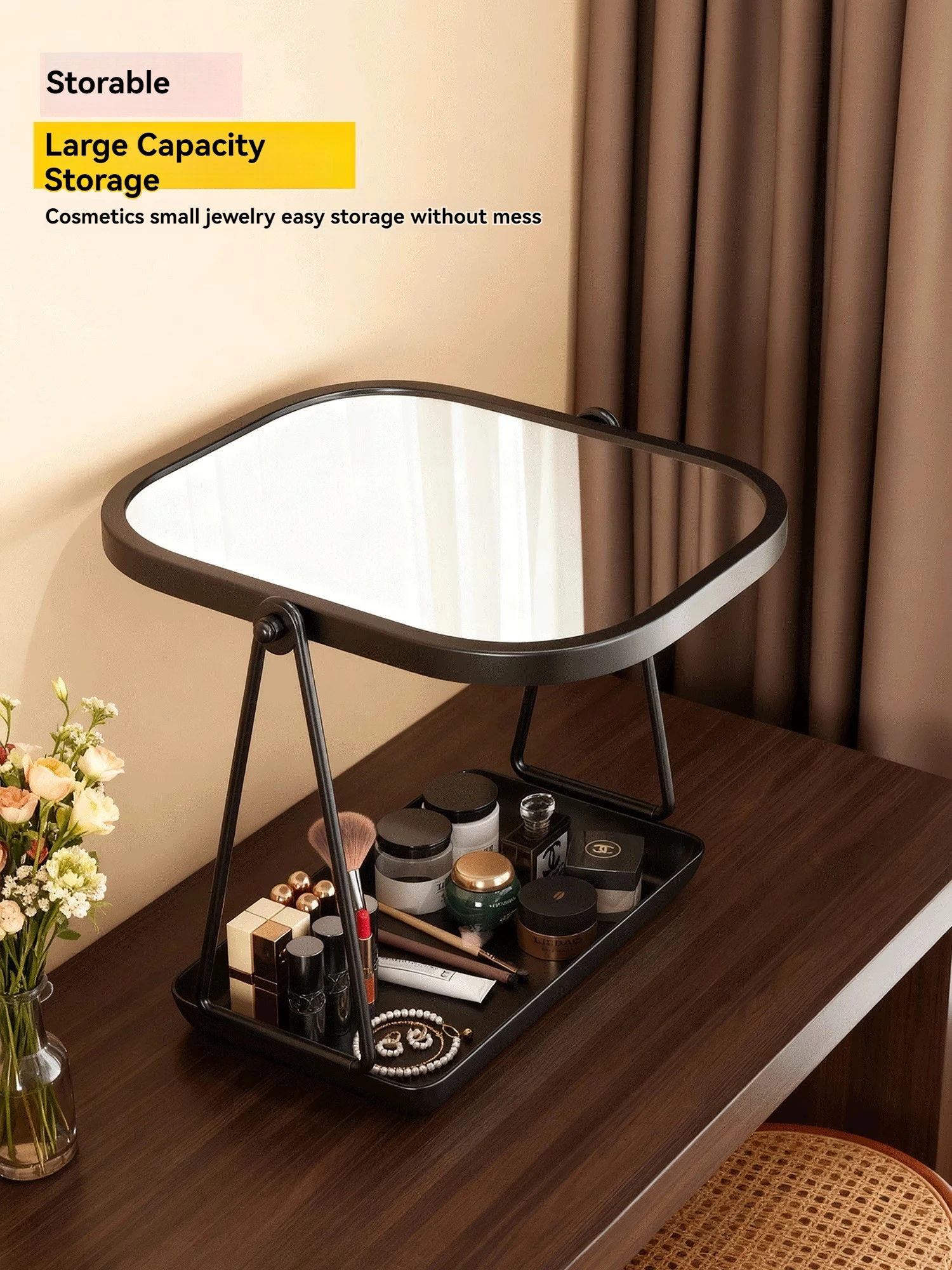 Rotating Makeup Mirror, Light Luxury Style Desktop with Chassis, Can Store Large Makeup Mirror, Home Dressing Table Mirror