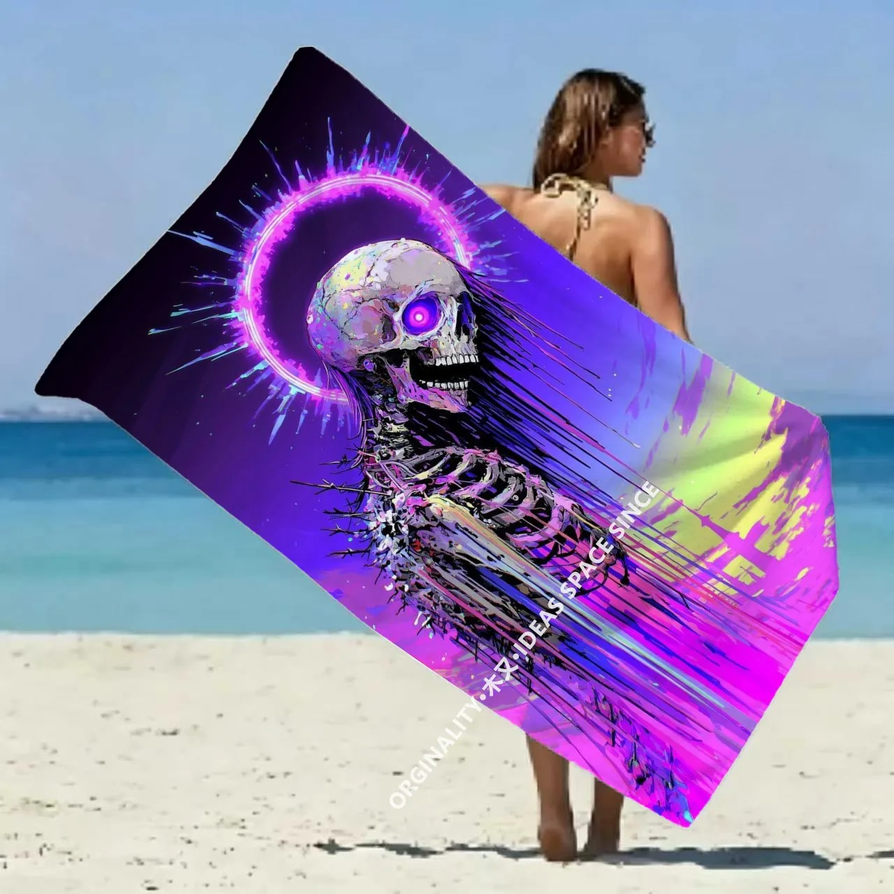 Neon Gothic Skull Beach Towel Patterned Sunscreen And Windproof Suitable For Swimming Pool Camping Travel