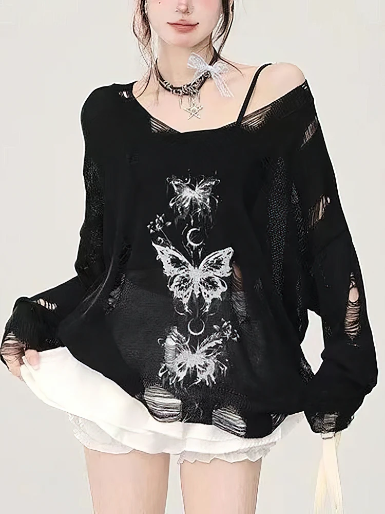 Y2k Hollow out Knit Oversize T shirt Women Long sleeve Off shoulder Top Sexy Basic Transparent Tees Baggy Vintage Ladies New view 6