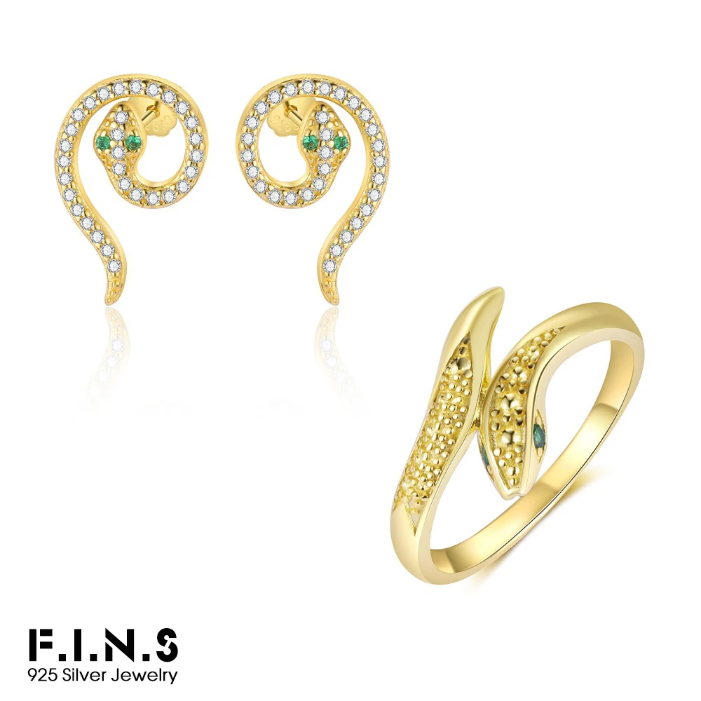 F.I.N.S Pure S925 Sterling Silver Snake Stud Earrings Ring Fashion Luxury Zircon Curved Serpent Piercing Ear Fine Jewelry