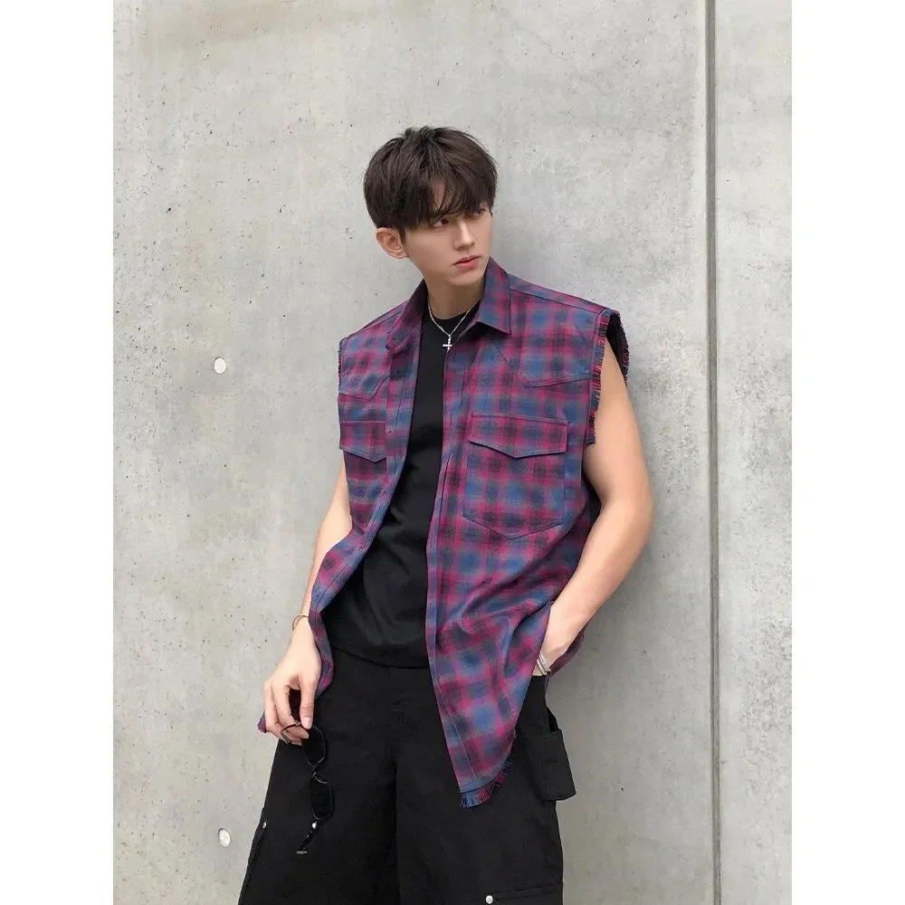 2023 Personality niche plaid color contrast sleeveless shirt men's summer loose vest vest to do old design sense vest
