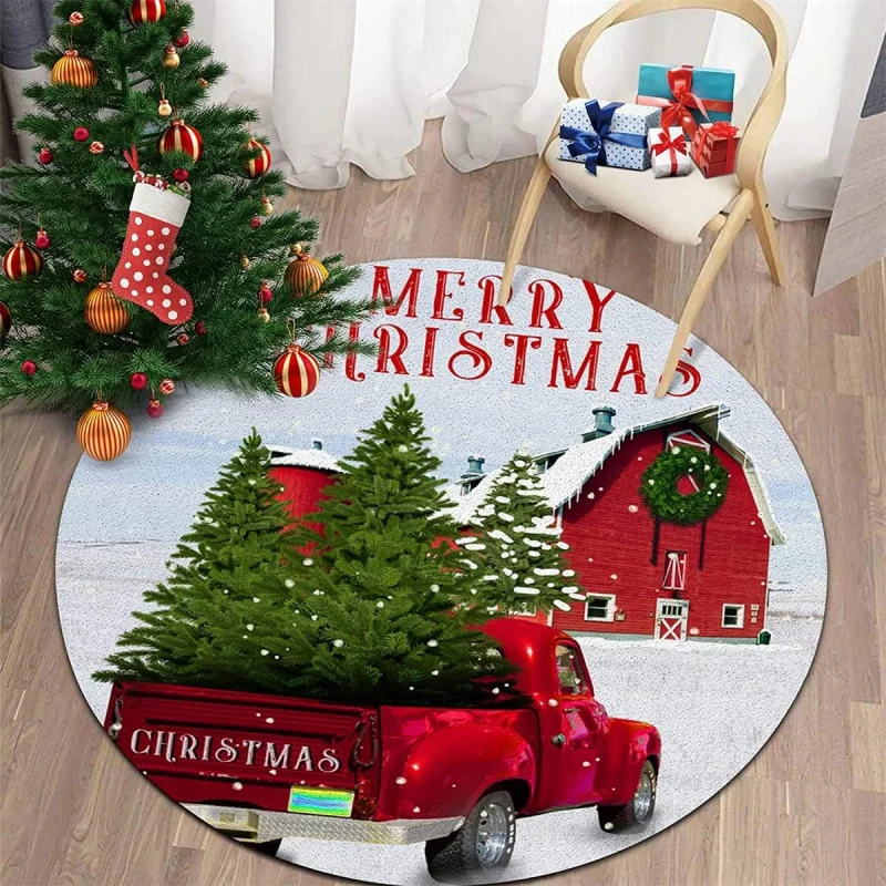 Round Christmas carpet, red vintage go kart, living room decoration, bedroom, kitchen, corridor, flannel floor mat 75X75cm