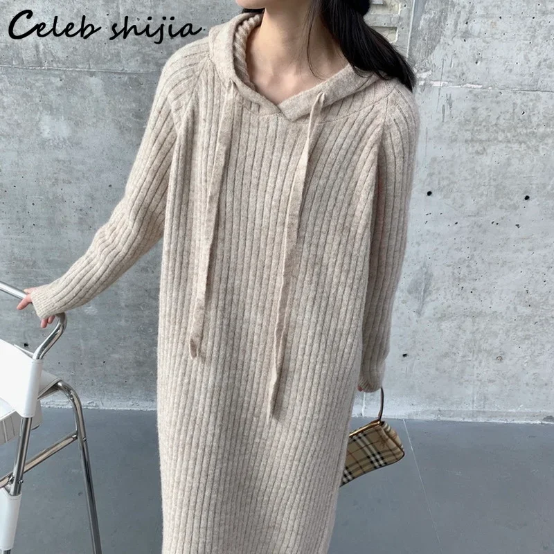 Apricot Hooded Woolen Dress Women Winter  Fall Streetwear Loose Long Sweater Dresses Ladies Vestido Korean Thicken Knitwear