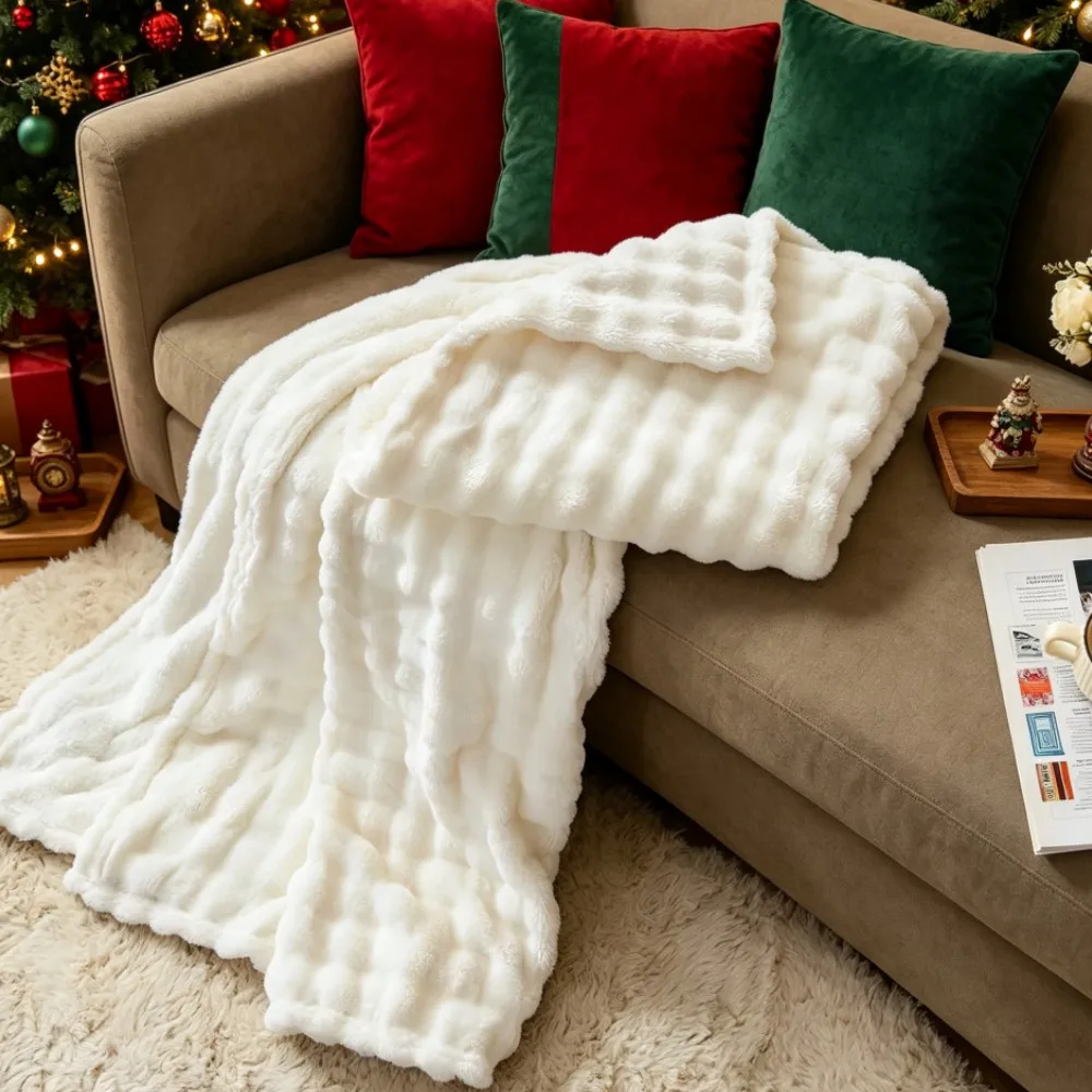 3D Bubble Plush Blanket Soft White Fleece Textured Warm Cozy Couch Throw Gift Plaid - Extra Warm Throw Blankets Christmas