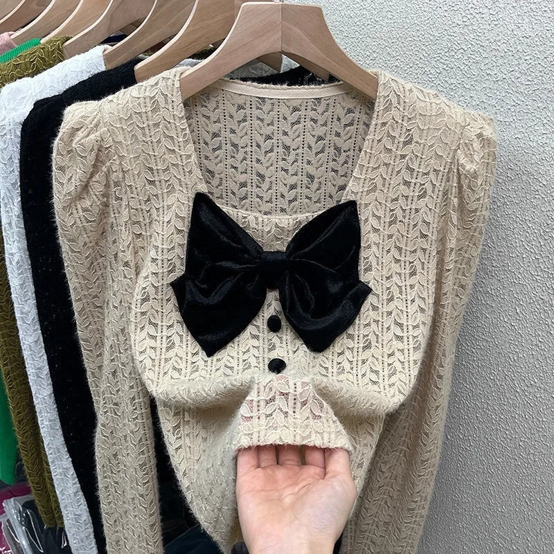 French Square Collar Bow-woven Lace Base Shirt for Women in Autumn and Winter New Style Unique Versatile Top